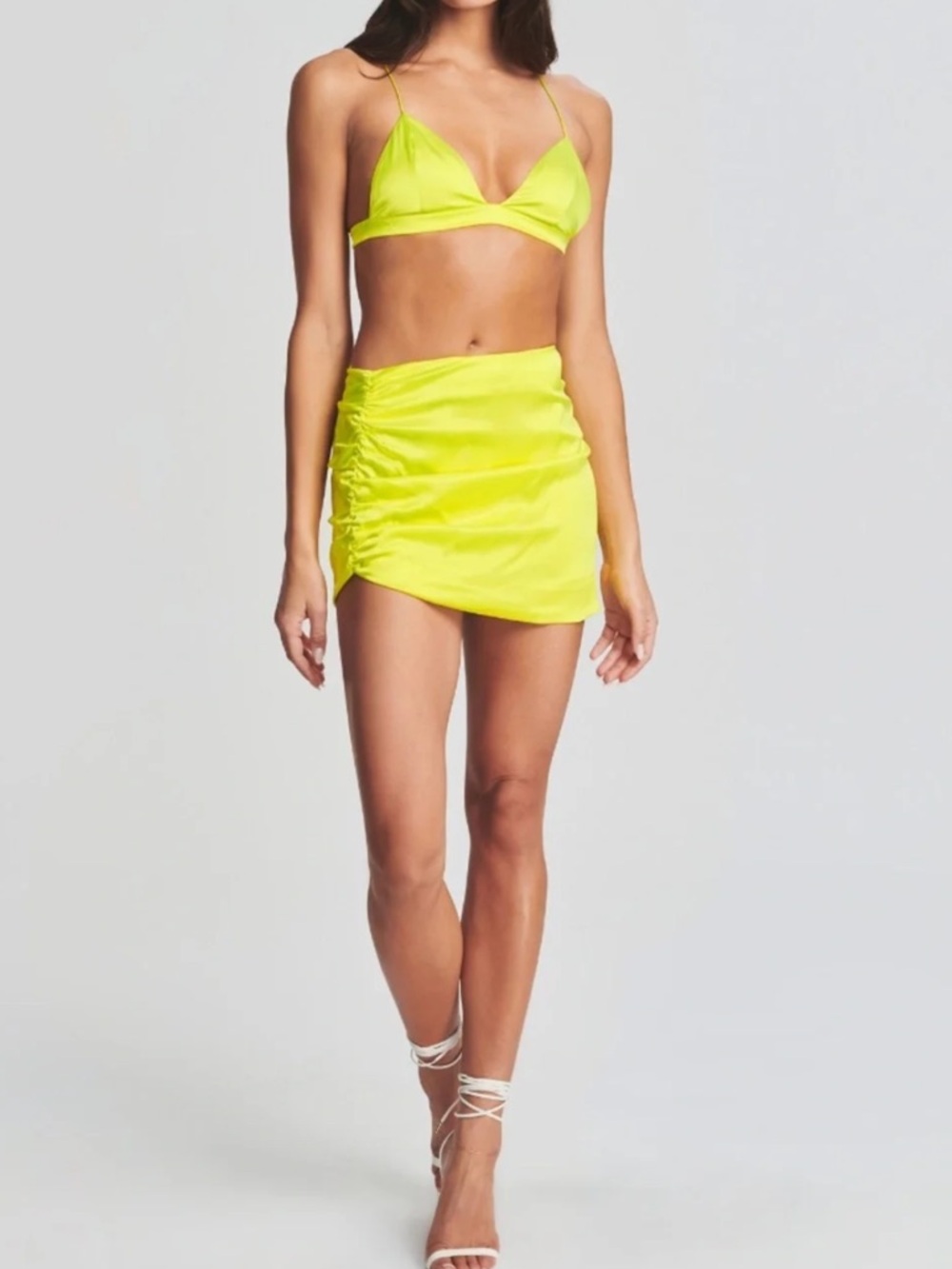 SET SER.O.YA Neon Yellow Sapo Satin Crop Top with Mini Skirt